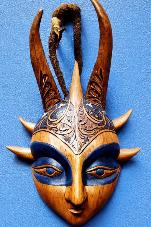 Image similar to a flat carved wooden elf mask face with staring real goat eyes and intricate ornate detail, floating against a dark blue background with stars shapes, vividly coloured, highly detailed, vintage european folk art, colour photograph