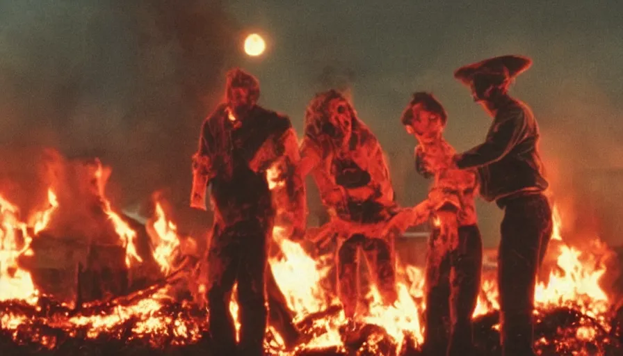 Prompt: Tobe Hooper color movie about a teenager being burnt alive on a bonfire at a carnival