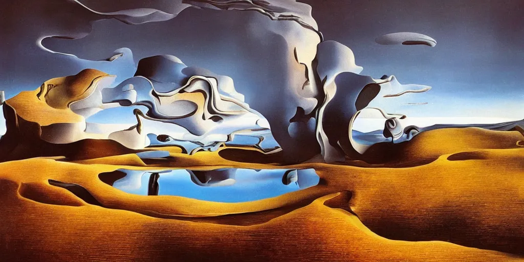 Image similar to surrealist alien landscape, realistic photography, salvador dali, 8k, hd