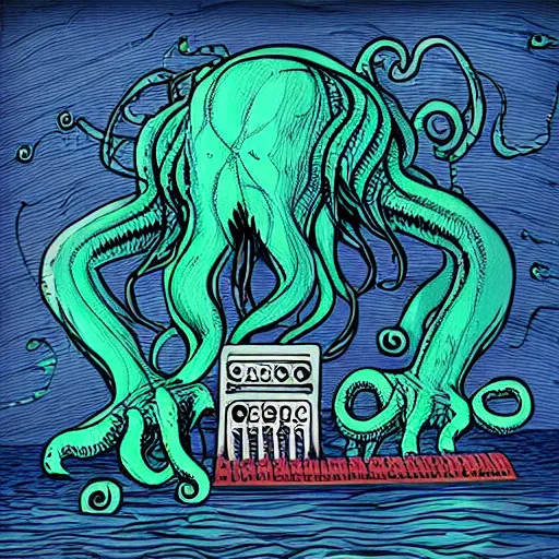 Image similar to cthulhu monster rising from the ocean with a synthesizer under its arm