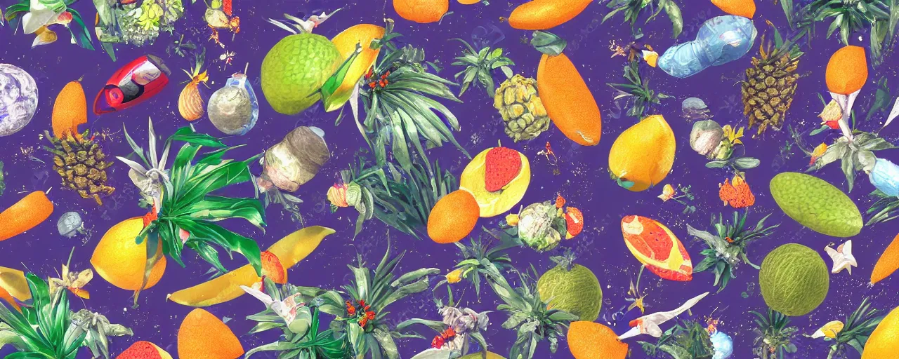 Prompt: hyperdetailed photorealistic astronauts holding tropical fruits, seen from the long distance. sci-fi flemish baroque mixed media elements. pastel tones. NASA pic. matte background HD 8x