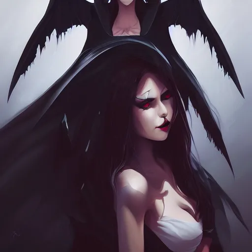 Image similar to demonic satanic woman with black bat wings, elegant, highly detailed, digital painting, artstation, concept art, sharp focus, illustration, strong brush stroke, anime, sharp focus, ghibli studio, art by ilya kuvshinov, rossdraws