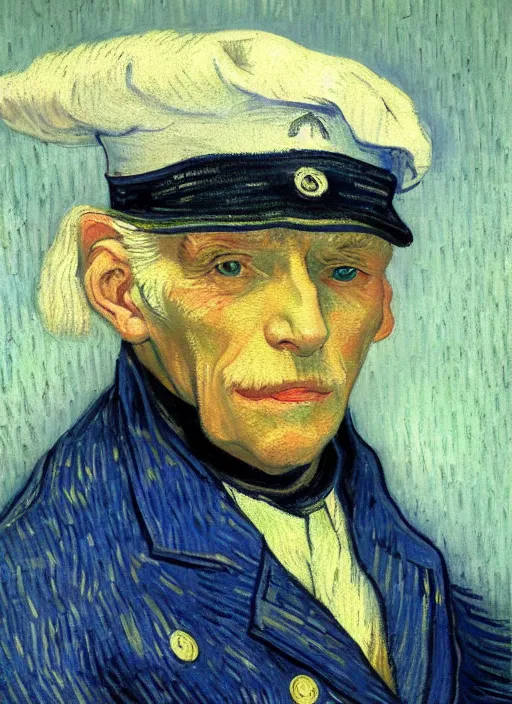 Image similar to portrait of a very old sailor with white hair and captain's hat, asleep, detailed realism face in painting, detailed beautiful portrait, expressionist oil painting masterpiece, 8 k resolution, smooth, sharp focus, pastel color palette, trending on artstation, by van gogh