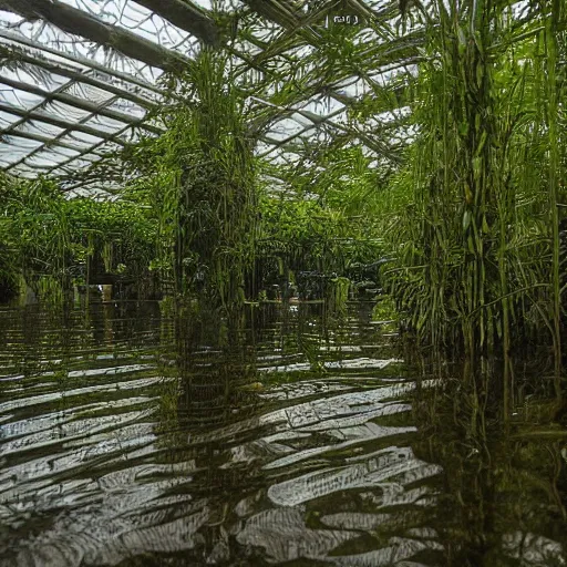 Prompt: flooded overgrown interior of boeing