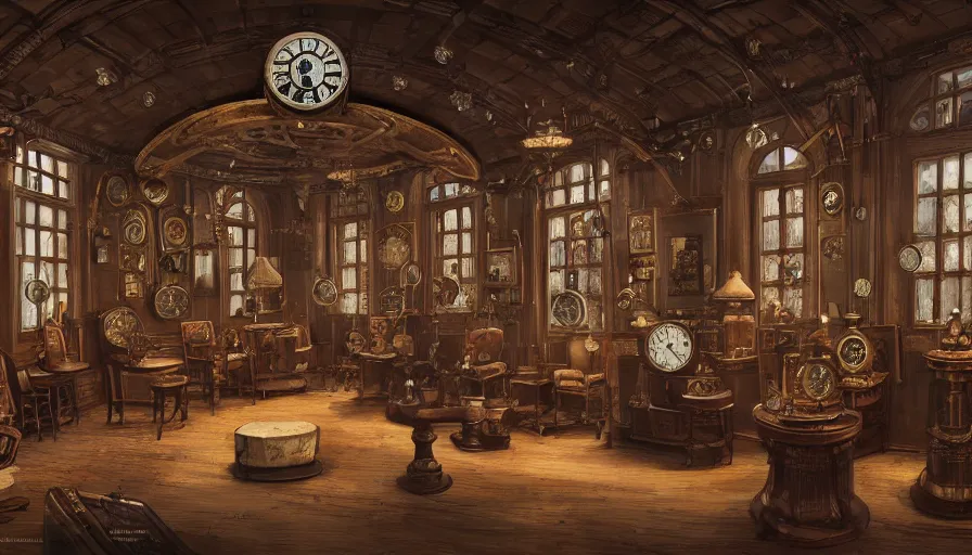 Prompt: a circular common room full of antique clocks, high detail, concept art, illustration, steampunk, fantasy, mechanical, 4 k, trending on artstation