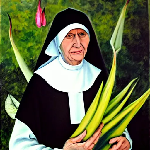 Prompt: oil painting of a nun flanked by brugmansia suaveolens flowers