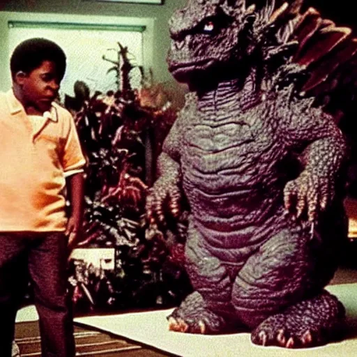 Image similar to “ still from a movie in which gary coleman plays godzilla ”