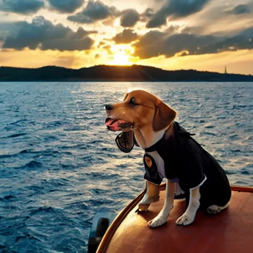 Prompt: a dog dressed like a pirate on a ship at sea at sunset