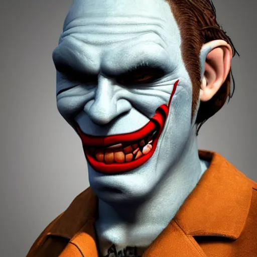 Image similar to 3 d render of a photorealistic human troll face with joker makeup wearing a suede leather jacket blue jeans, 8 k, very detailed, very intricate, white background,