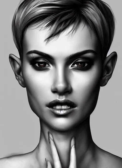 Prompt: up close portrait of a beautiful woman in black and white, photorealistic, pixie cut, intricate hair, upper body, art by diego fazio and diegoKoi and oscar Ukono, concept art, sharp focus, artgerm, 8k highly detailed