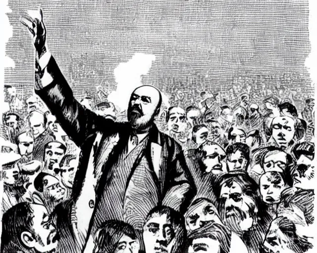 Image similar to lenin addressing a crowd, soviet propaganda posterm