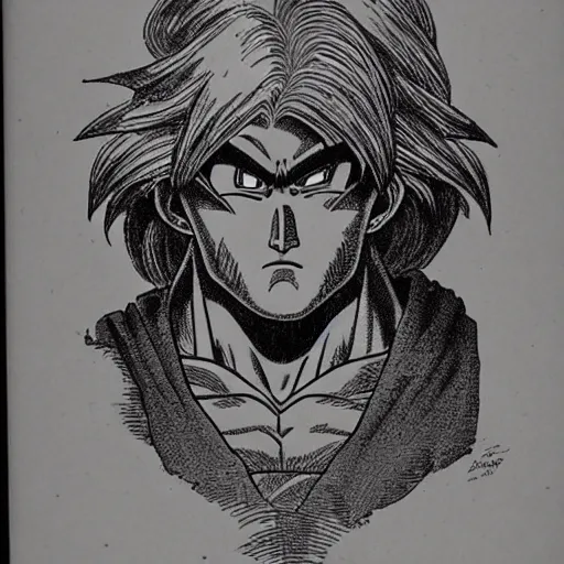 Prompt: franklin booth illustration of a man with sharp features from dragon ball z