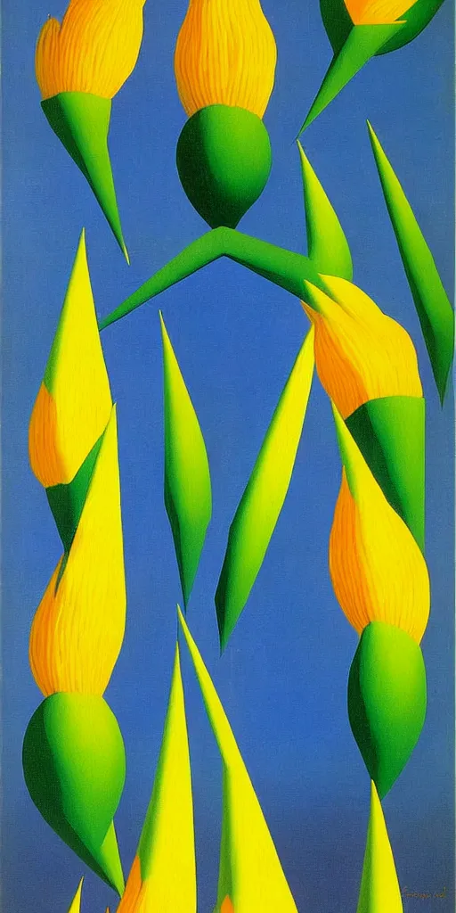 Image similar to geometric painting of birds of paradise by rene magritte