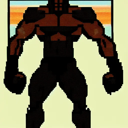 Prompt: full body portrait. 8 bit graphics. antropomorphic muscular masculine wolf, kickboxer fighter, in shorts, in front of destroyed city. wolf head. furr on body. at night. 1 9 8 9