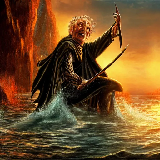 Image similar to lord sauron drowning while frodo is laughing, digital art, trending on art station, high quality, uhd 8 k, beautiful, golden hour, intricate detail, high gradient, raytracing