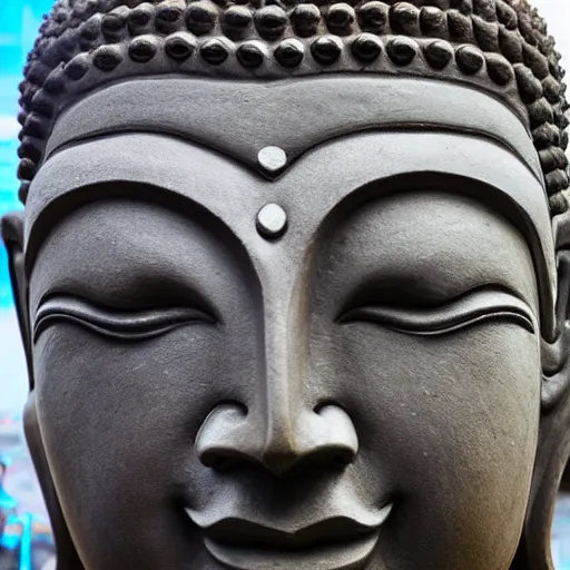 Prompt: a 4 k photorealistic buddha sculpture in thailand with headphones eyes closed