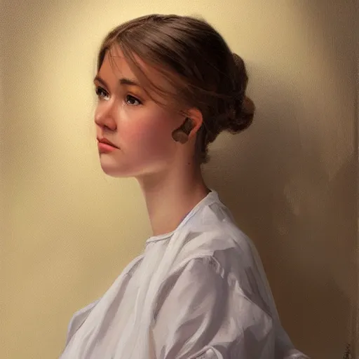 Image similar to A sincere-looking girl, oil on canvas, long white dress ,masterpiece, hi-fructose, artgerm , Norman rockwell, craig mullintrending on pxiv, highly detailed face, clear eyes concept art, hdri, 4k