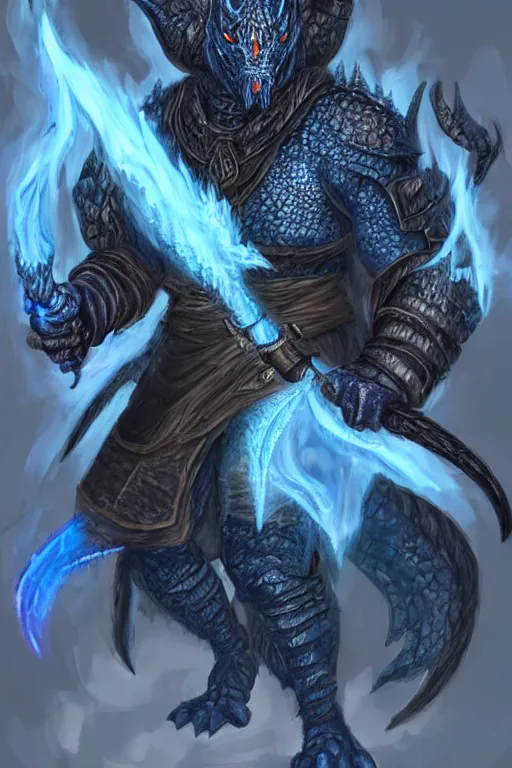 Prompt: a D&D character of a dark blue dragonborn with large tusks, half of his face flaming with blue flame, he wears a black dragon scales armor, D&D art