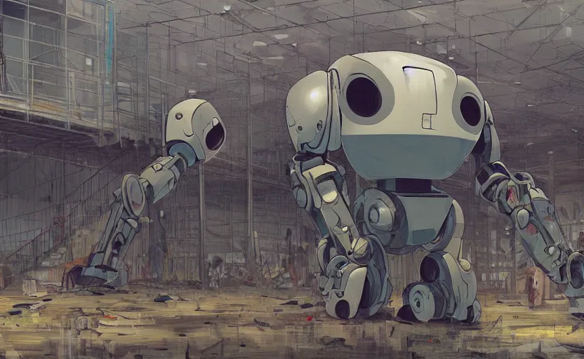 Image similar to a huge broken robot standing in a mess warehouse, artstation, studio ghibli, miyazaki, highly details