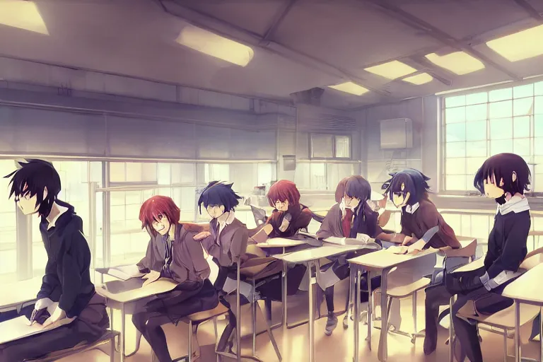 boy's love anime modern high school classroom in, Stable Diffusion