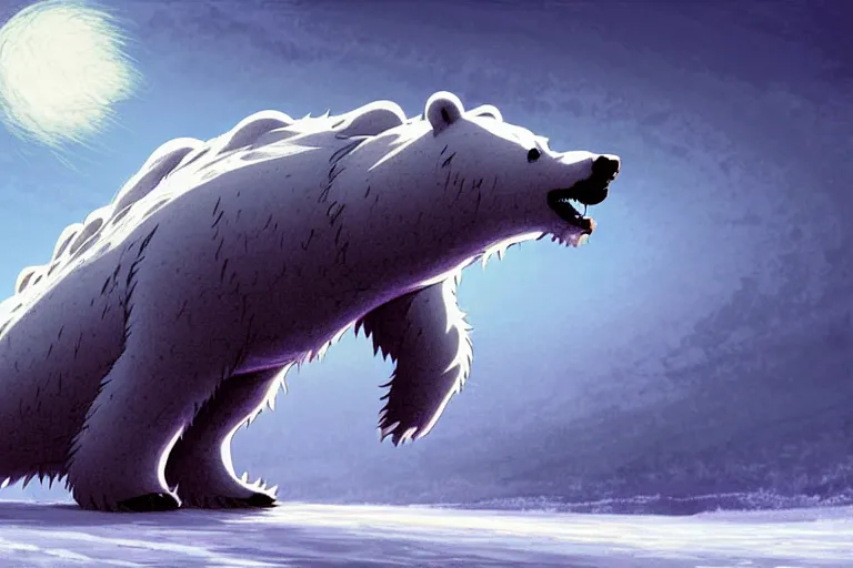 Image similar to cell shaded cartoon of a giant lovecraftian mechanized polar bear from howl's moving castle ( 2 0 0 4 ), on an icy road in the mist, full body, wide shot, very muted colors, post grunge, studio ghibli, highly detailed, deviantart, art by artgem