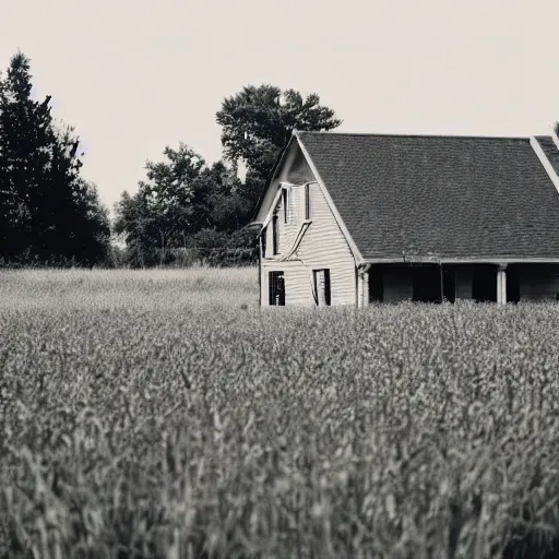 Prompt: unnerving photo of a house in the middle of a field during noon