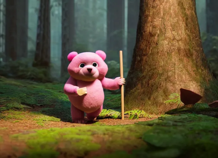 Prompt: pink chocolate teddy bear walking in a forest in the croods movie style, holding a mallet large & white, anime, disney, pixar, 8 k, hd, dof, kodak film, volumetric lighting, subsurface scattering, photorealistic, octane render, details