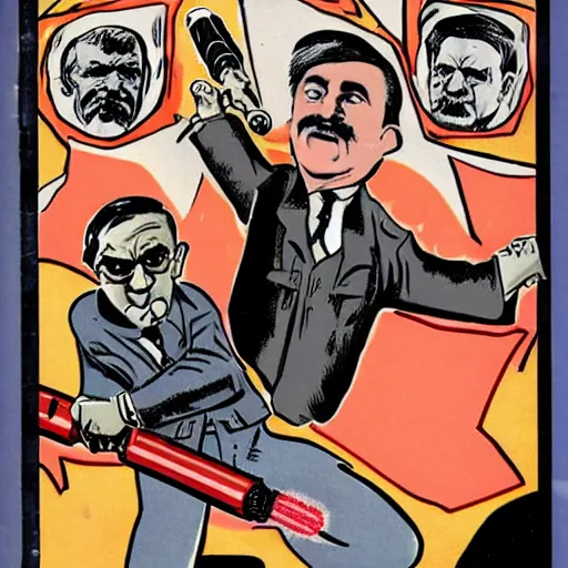 Image similar to comic book of angry jews with lightsabers and adolf hitler accurate eyes high detail