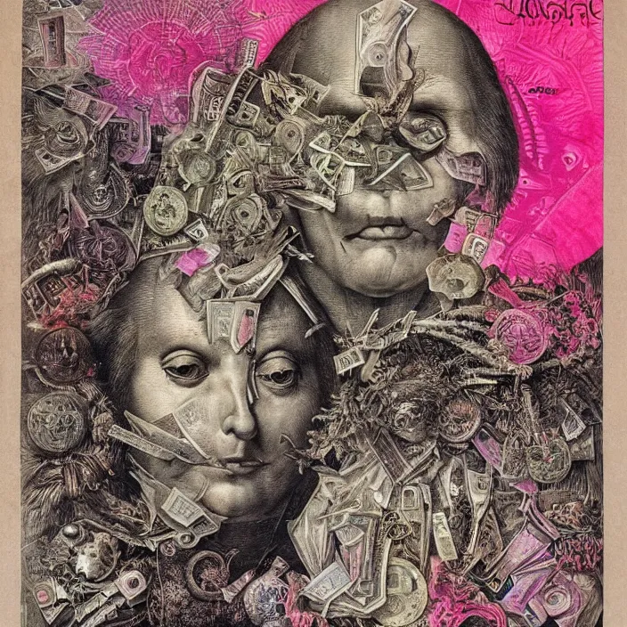 Image similar to new age album cover, asymmetrical design, dollar bank notes, capitalism, magic, psychedelic, black white pink, highly detailed, magic, giger h. r., giuseppe arcimboldo