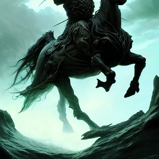 Image similar to concept art by artgerm, conquest of the four horsemen of the apocalypse, soft green natural light, intricate, hooded death riding a horse, highly detailed dark art, digital painting, artstation, concept art, smooth, sharp focus, illustration, art by greg rutkowski and luis rollo and uang guangjian and gil elvgren, symmetry!