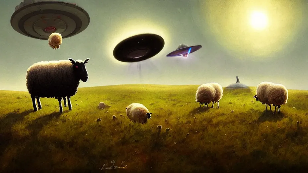 Image similar to sheep in a field being abducted by a ufo!, horror cartoon, highly detailed, digital painting, artstation, concept art, smooth, sharp focus, illustration, art by simon bisley and greg rutkowski and alphonse mucha