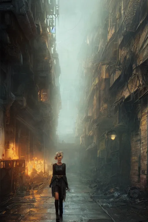 Image similar to a portrait of Jenifer Lawrence walking down the street of a steampunk city by Greg Rutkowski, Sung Choi, Mitchell Mohrhauser, Maciej Kuciara, Johnson Ting, Maxim Verehin, Peter Konig, final fantasy , mythical, 8k photorealistic, cinematic lighting, HD, high details, atmospheric,