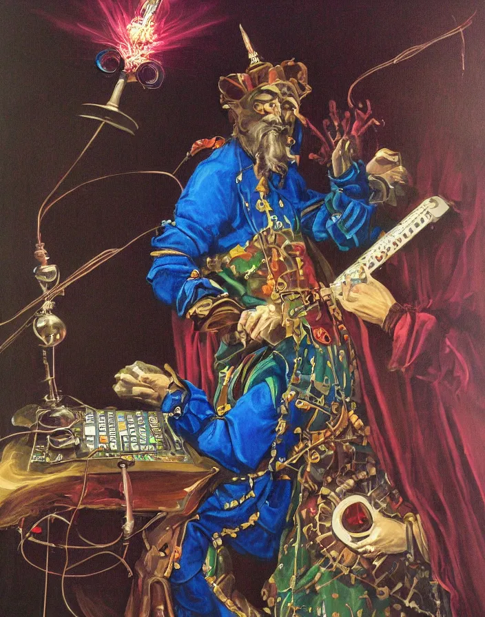 Image similar to chiaroscuro air brush fantasy painting of a medieval court jester playing an ARP 2600 modular synthesizer powered by a tesla coil