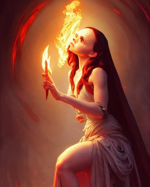 Image similar to Christina Ricci (2000) casting a fire spell, D&D, fantasy, intricate, elegant, highly detailed, digital painting, artstation, concept art, matte, sharp focus, illustration, hearthstone, art by Artgerm and Greg Rutkowski and Alphonse Mucha