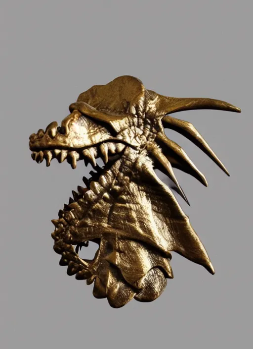 Prompt: bronze age Irish, gold cloak pin of a dinosaur, studio lighting, museum display case