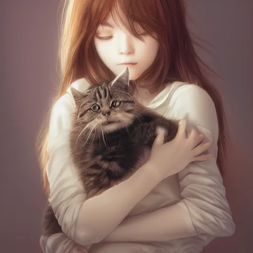 Prompt: girl holding a cat, digital art, by Yoshitaka Amano, trending on artstation, 4k, highly detailed