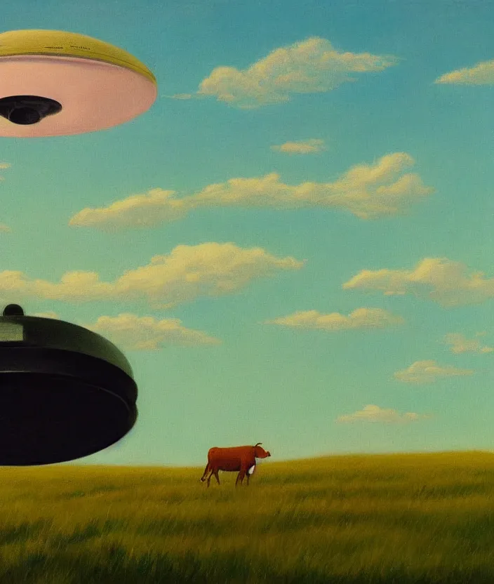 Image similar to a highly detailed painting of a ufo over a meadow, one cow is being abducted by an ufo, ufo has green light, very fine brush strokes, baby blue sky with aesthetic clouds, in the style of edward hopper, 4 k,