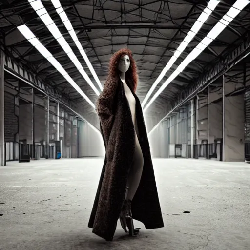 Prompt: robot runway model, hyper detailed ultrasharp beautiful, robotic face, long curly hair, wearing a long tan coat, high fashion, haute couture, cluttered abandoned warehouse environment, dramatic lighting, octane render, 8 k