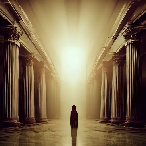 Prompt: portrait photo, god's rejected first draft of humanity, uncanny valley almost human adam and eve, inside a heavenly neo - futuristic greek revival beautiful cloud city with large white marble columns and low mysterious fog, golden hour lighting, god rays, volumetric lighting and fog