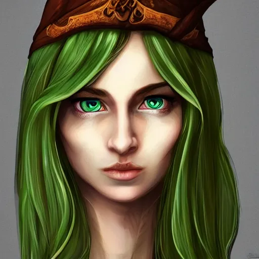 Image similar to portrait, 30 years old women :: fantasy elf :: amber eyes, long straight darkblond hair :: attractive, symmetric face :: green and brown medieval cloting, natural materials :: high detail, digital art, RPG, concept art, illustration