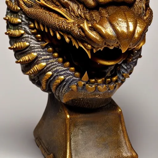 Prompt: ceramic bust by jean - francois millet lavish. a computer art of a dragon in space. the dragon is in the foreground with its mouth open rows of sharp teeth. coiled & ready to strike, its tail is wrapped around a star in the background. background is full of stars & galaxies.