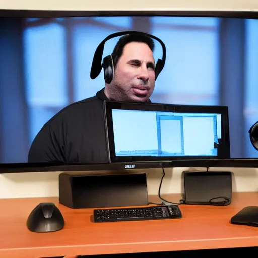 Prompt: obese John Travolta wearing a headset yelling at his monitor while playing WoW highly detailed wide angle lens 10:9 aspect ration award winning photography