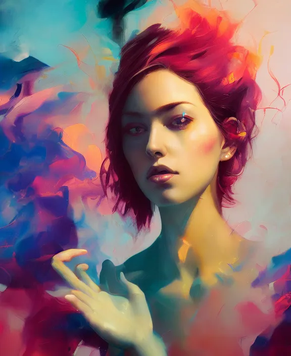 Prompt: fantastic attractive beautiful spanish women with short hair into fluid infinity variations of colours mass, close - up, mark maggiori, bao phan, jeff dekal, jeff simpson, intricate details, hyperrealistic oil painting on canvas, deep depth field, hd, hdr, 4 k, 8 k