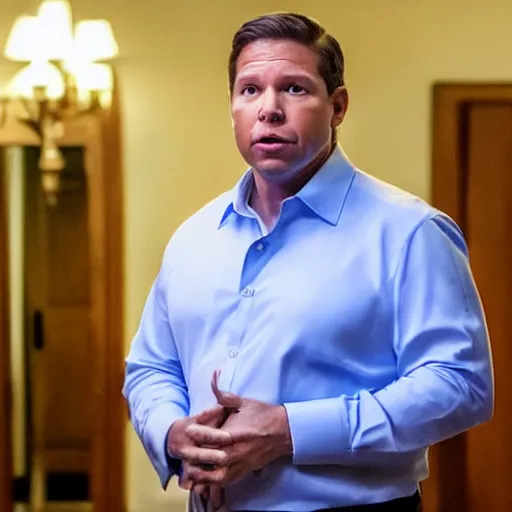 Image similar to Cinematic still of Florida Governor Ron DeSantis in a political thriller, Man of the Year