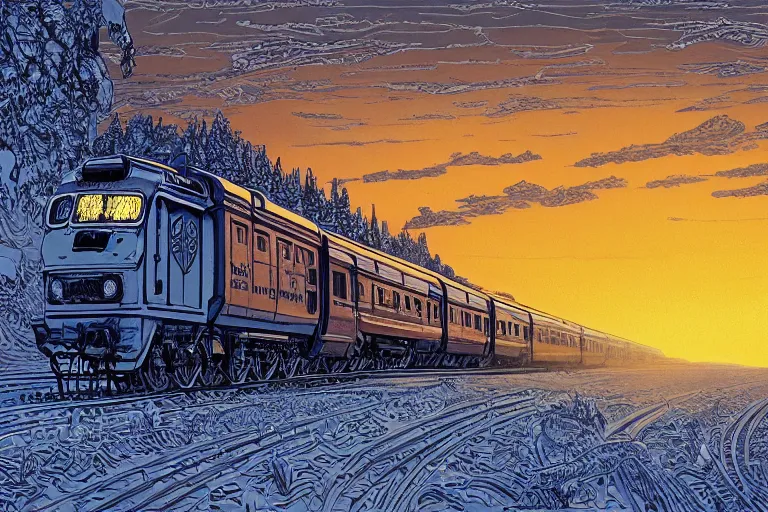 Image similar to trans - siberian express train ultrafine drawing by joe fenton and syd mead and p. craig russell and barry windsor - smith, artstation, 4 k, graphic novel, concept art, matte painting, beautiful russian winter landscape sunset background, golden hour, art nouveau, sharp