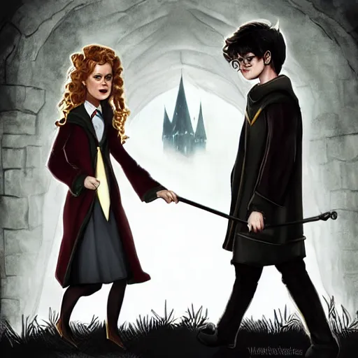 Prompt: harry potter and hermione hand in hand walking in hogwarts yard, elves around, lovely, lightly dark theme, harry potter theme, trending on artstation