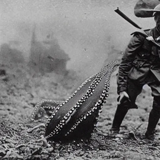 Prompt: a patriotic british octopus fighting in world war i