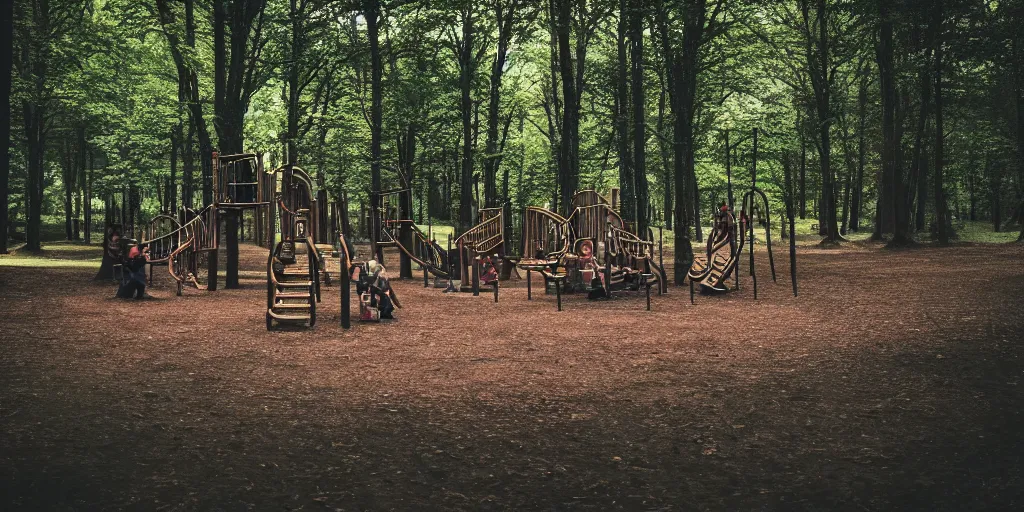 Prompt: playground in the wood on the river, five black wolves, cinematic, 35mm