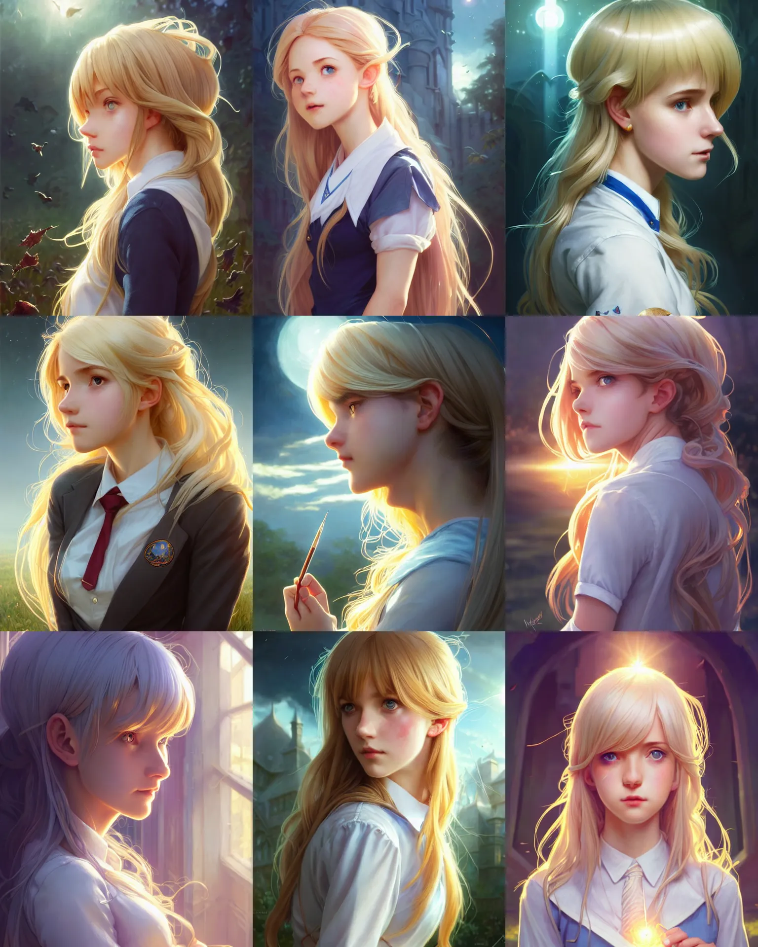 Prompt: side portrait of an innocent lost college girl, magic school uniform, light - coloured hair, large messy hair style, fantasy building, intricate, sharp focus, lens flare, bloom, rim light, illustration, highly detailed, digital painting, concept art, matte, art by wlop and artgerm and greg rutkowski and alphonse mucha, masterpiece