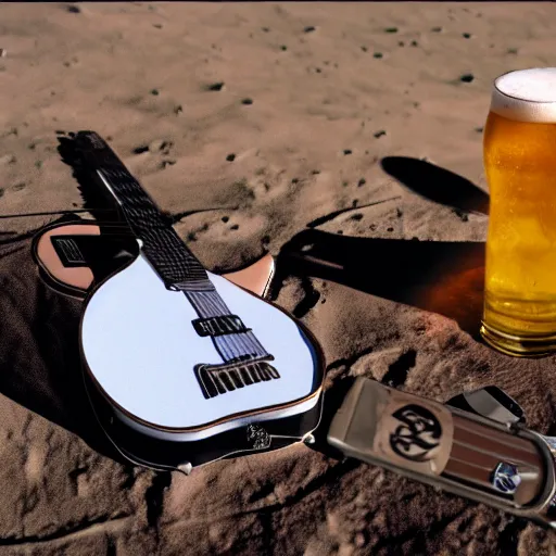 Image similar to a photo of a detailed, realistic, idle, regular sized electric guitar next to a beer can on the moon. detailed photo. realistic photo